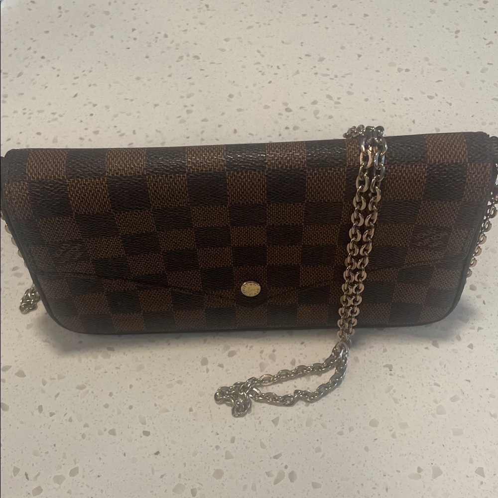 Brown Checkered Crossbody Wallet with Chain Strap